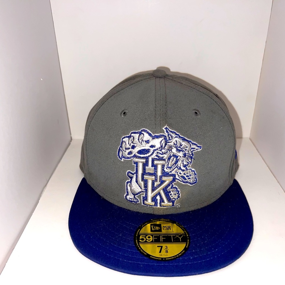 Royal blue and Gray UK New Era fitted 7 3/8 lightly worn and in great condition